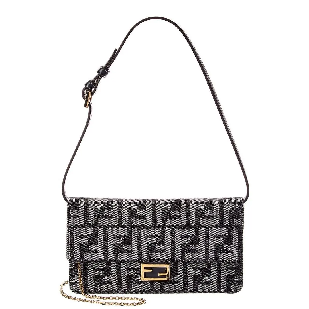 Fendi Baguette Ff Denim Leather Wallet On Chain Women`s Blue