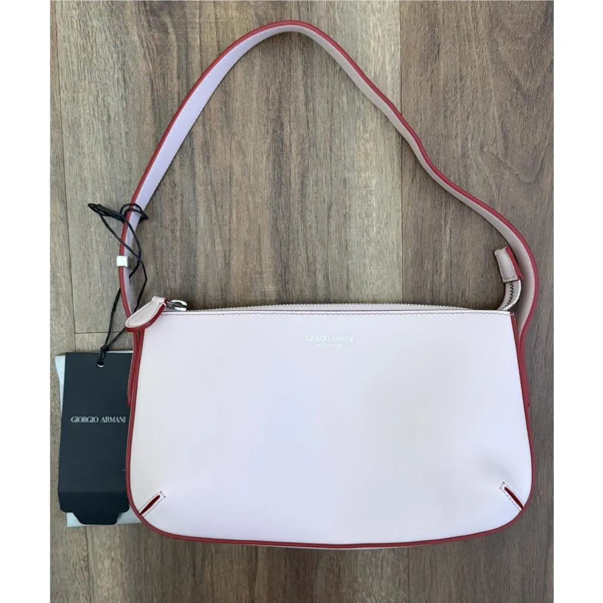 Giorgio Armani Milano Leather Mini Baguette Shoulder Bag Y2K Style Red Trim