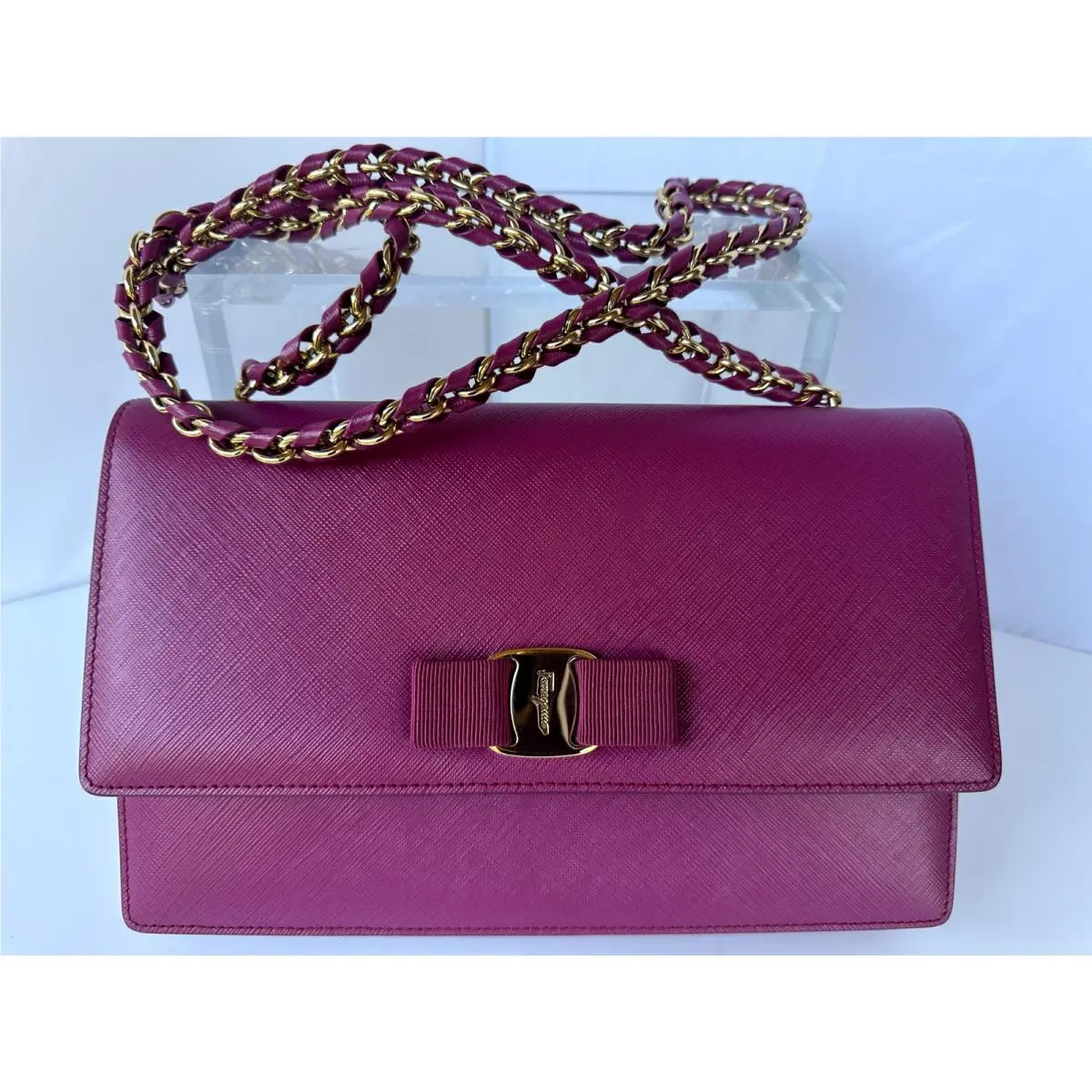 Women`s Ginny Bag Crossbody Saffiano Clutch Sangria by Salvatore Ferragamo