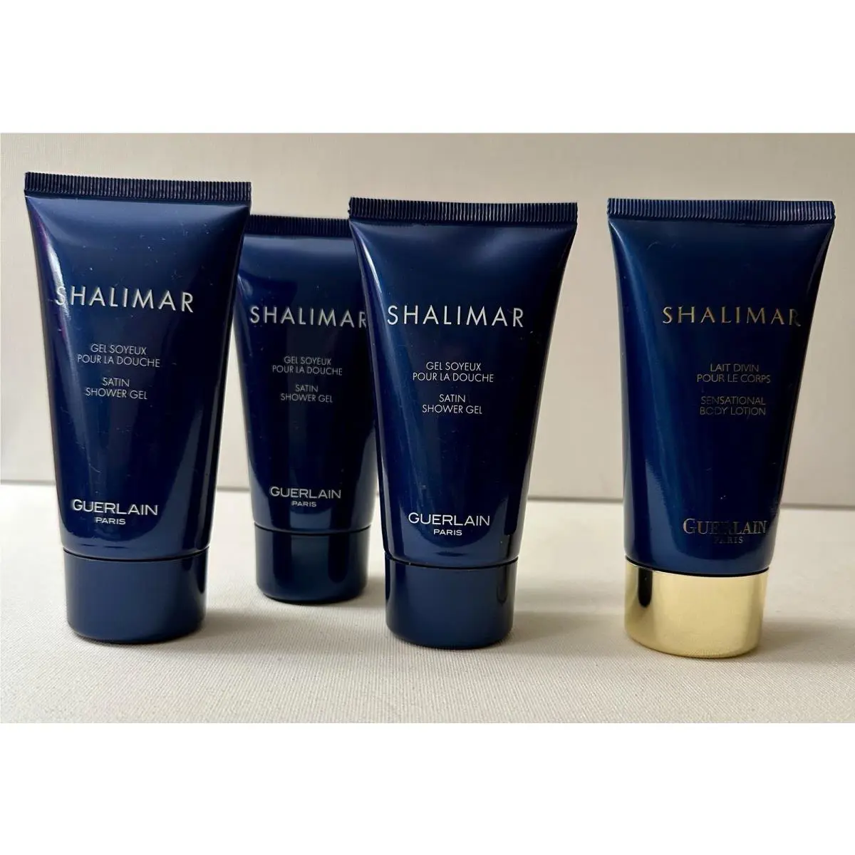 3 Guerlain Shalimar Satin Shower Gel + 1 Body Lotion 75 ml/2.5 oz Travel