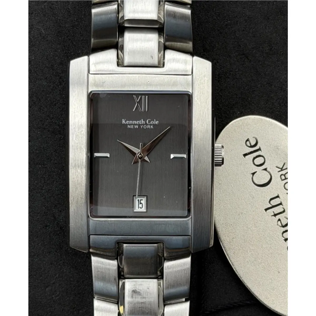 Kenneth Cole Tank Curvex Men’s 38mm Quartz Watch Date Gray Steel Link Bracelet
