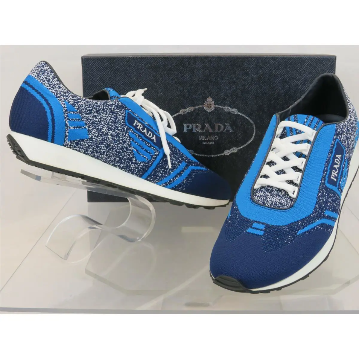 Prada 2EG272 Blue Fabric Knit Logo Lace UP Sneakers 10 Italy