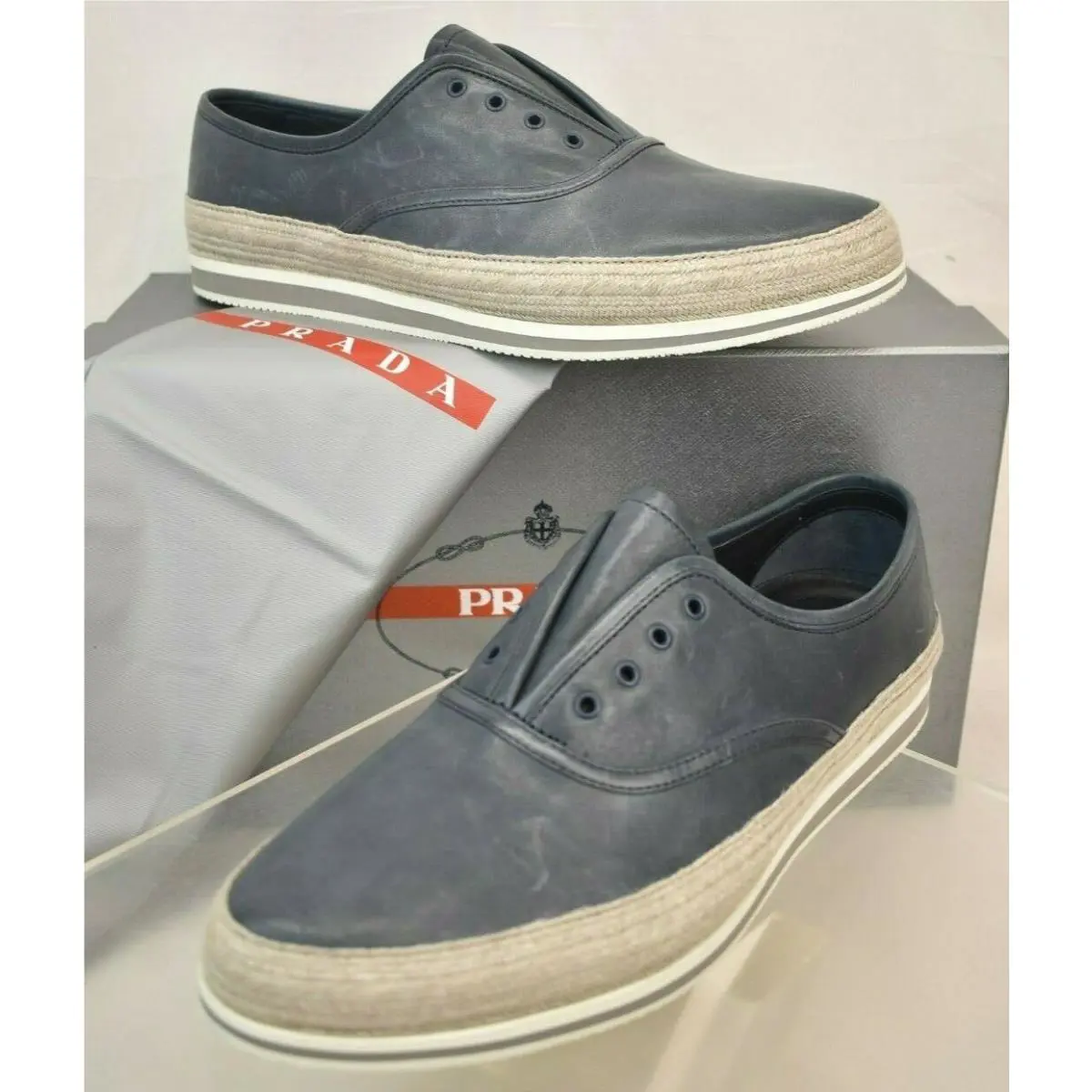 Prada Baltic Blue Distressed Leather Platform Laceless Sneakers 8.5