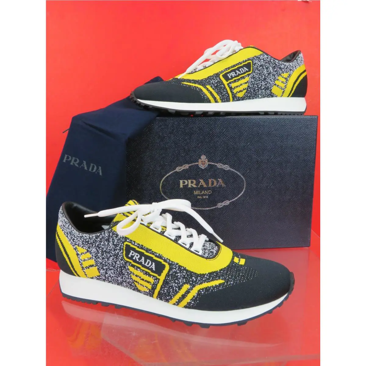 Prada 2EG272 Yellow Black Fabric Knit Logo Lace UP Sneakers 7 Italy