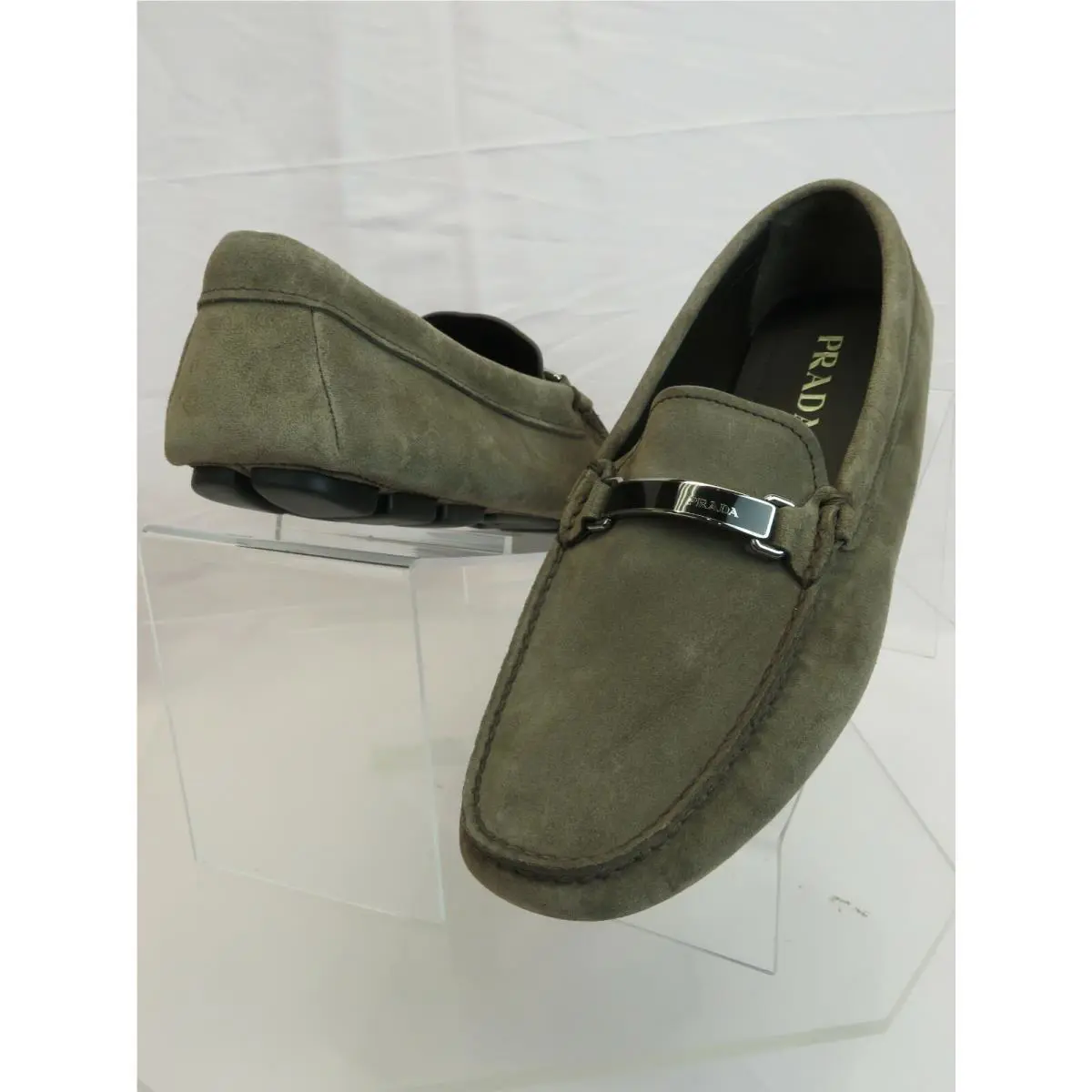 Prada 2DD159 Khaki Fumo Suede Logo Driving Moccasins Loafers 8 / US 9 Italy