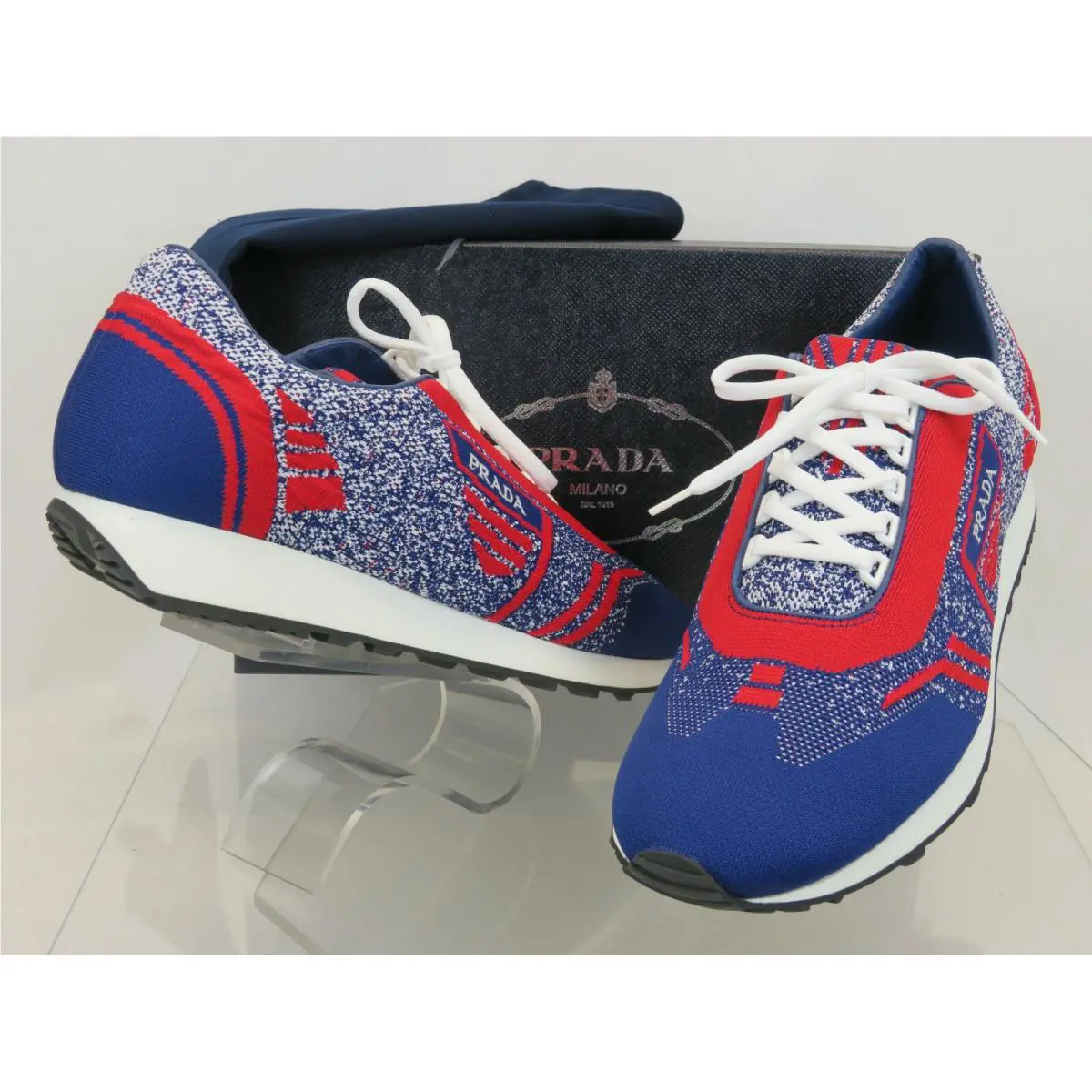 Prada 2EG272 Red Blue Fabric Knit Logo Lace UP Sneakers 8 Italy