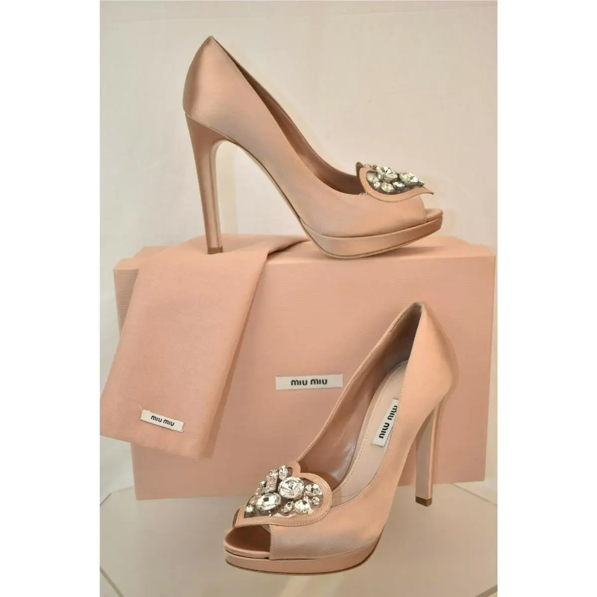 Prada White Satin Jeweled Crystals Platform Peep Toe Wedding Pumps 40