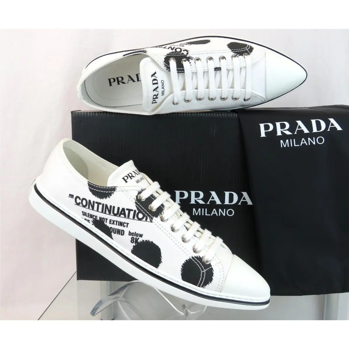Prada 1E617M White Black Polka Canvas Logo Pointy Cap Low Top Sneakers 38 Italy