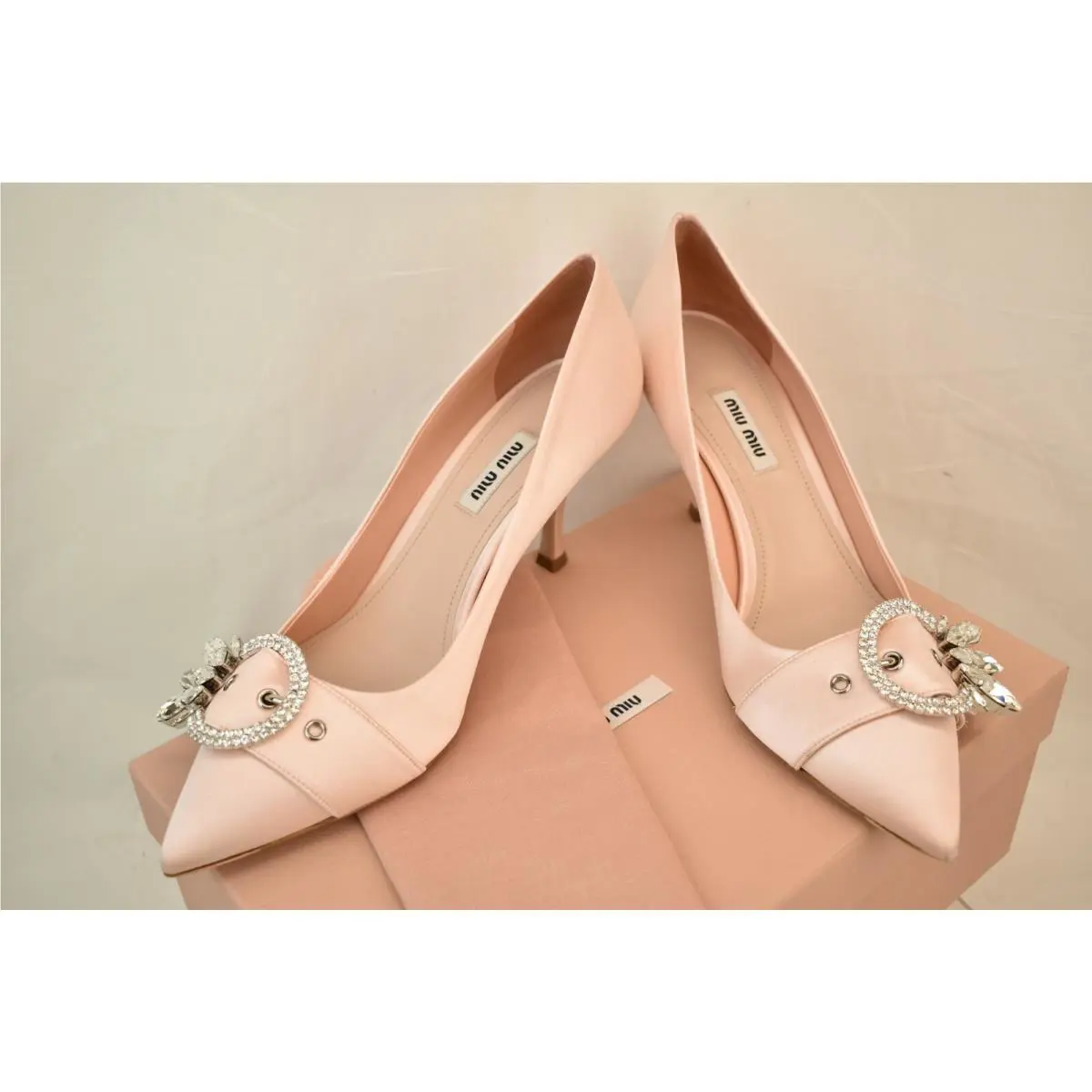 Prada Light Pink Satin Jeweled Crystal Buckle Wedding Pumps 38.5