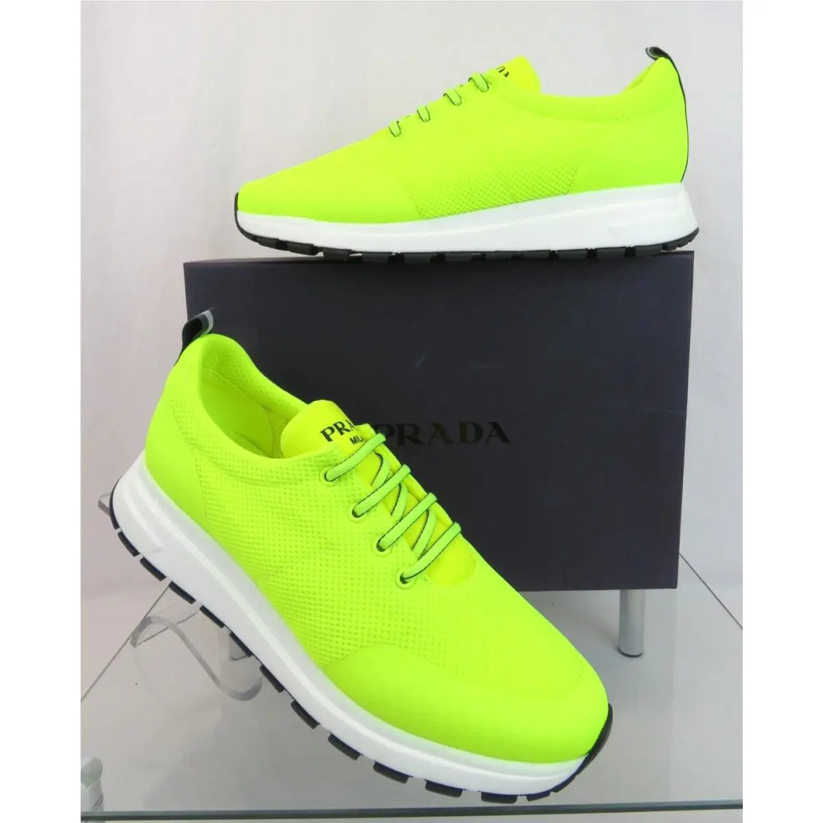 Prada 4E3499 Neon Yellow Sport Mesh Black Logo Lace Low Top Sneakers 7