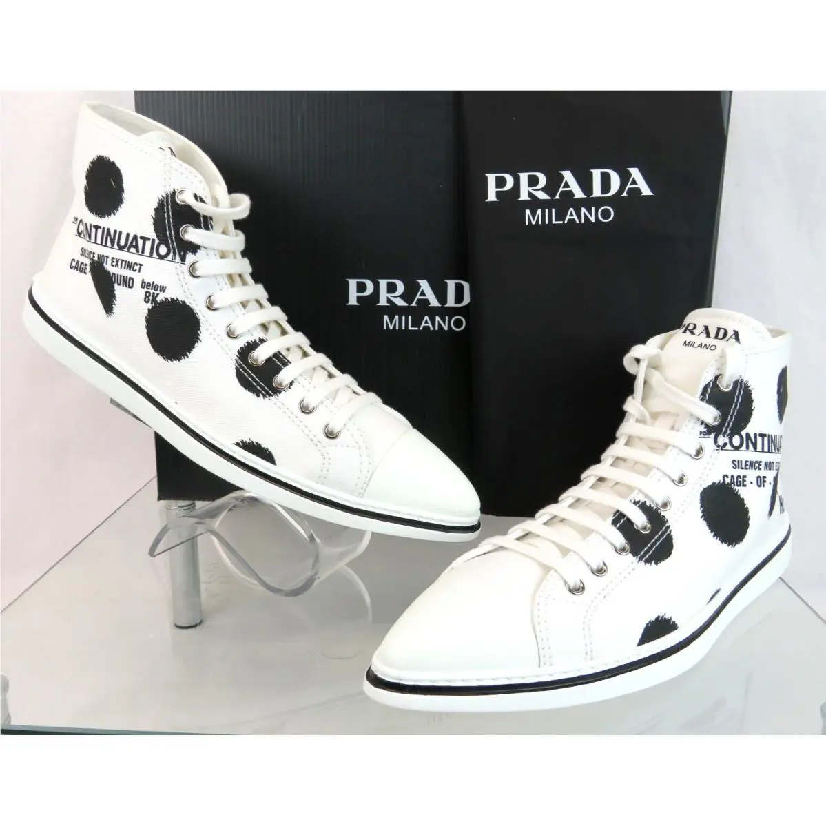Prada 1T618M White Black Polka Canvas Logo Pointy Cap High Top Sneakers 38 Italy