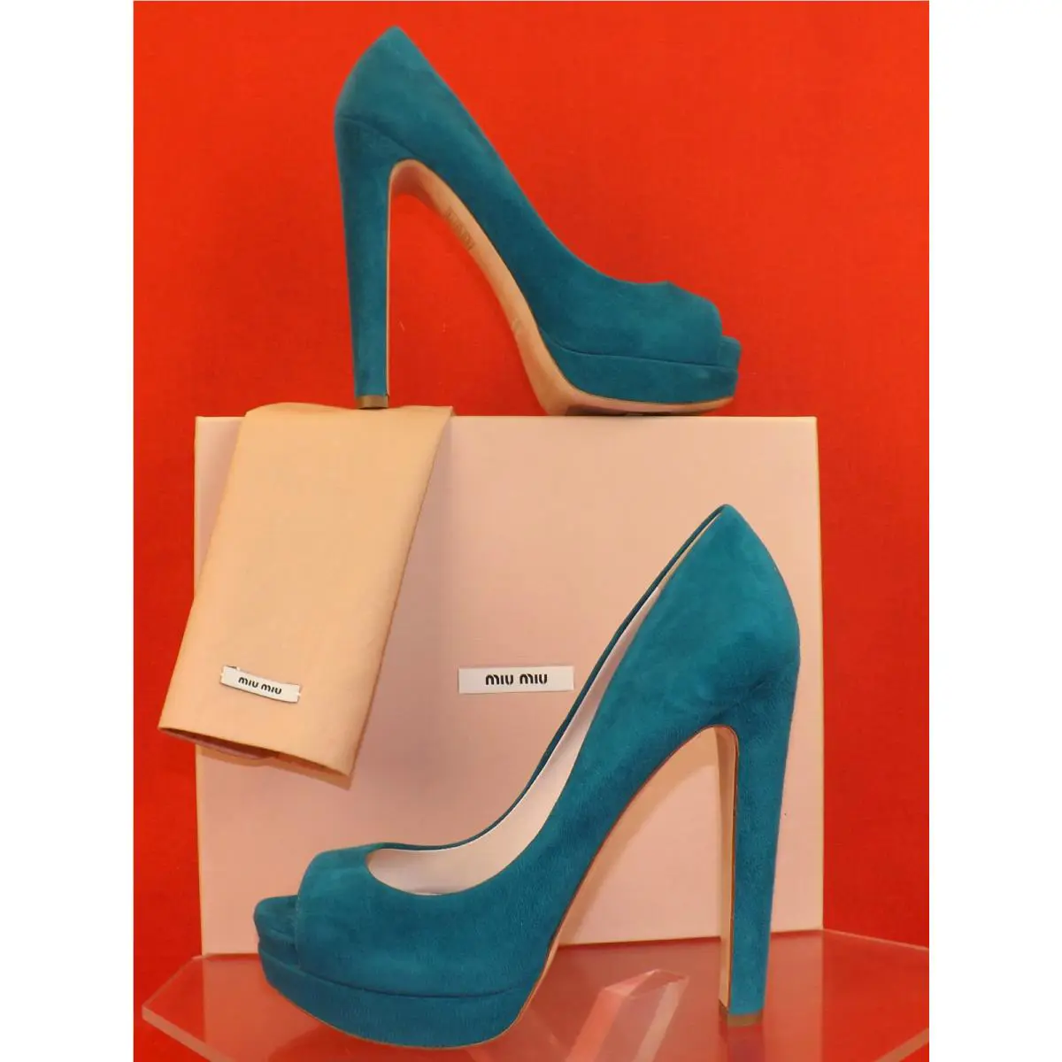 Prada 5KP185 Turquoise Blue Suede Open Toe Platform Pumps 39.5