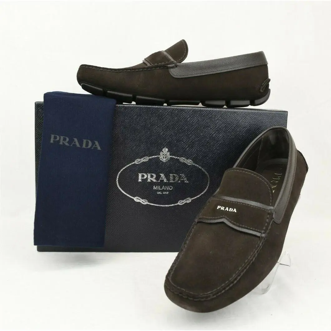 Prada 2DD137 Brown Suede Leather Logo Driving Moccasins Loafers 7 US 8