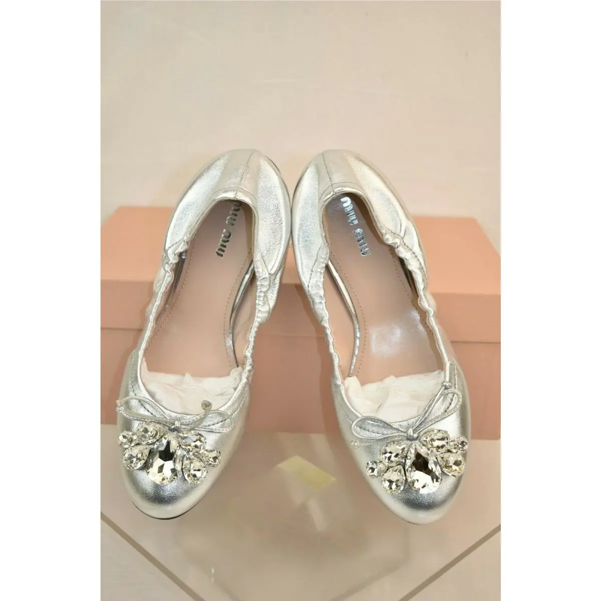 Prada 5F149C Silver Leather Crystals Jeweled Bow Flats 36
