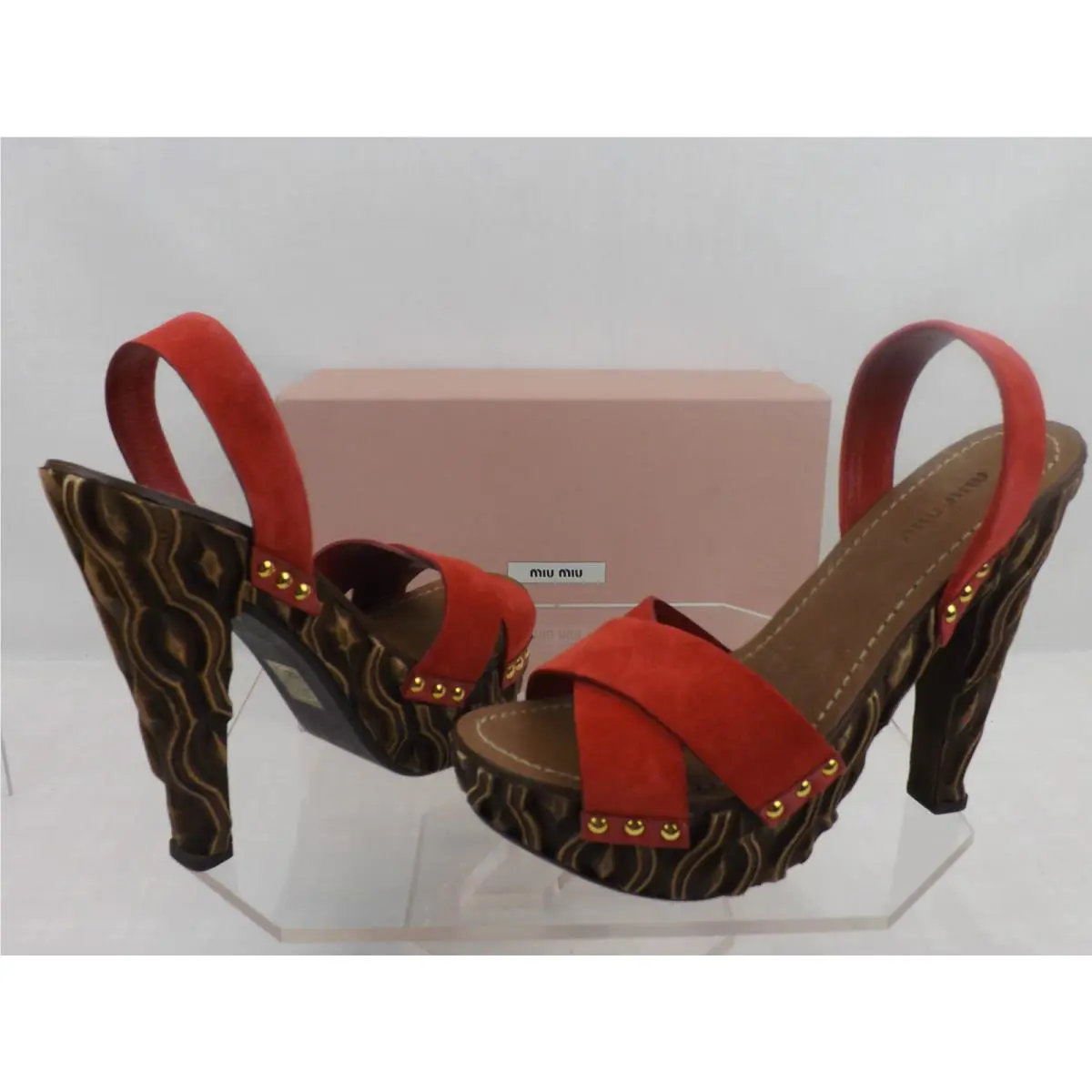 Prada Red Leather Suede Studded Wooden Platform Pumps Sandals 40