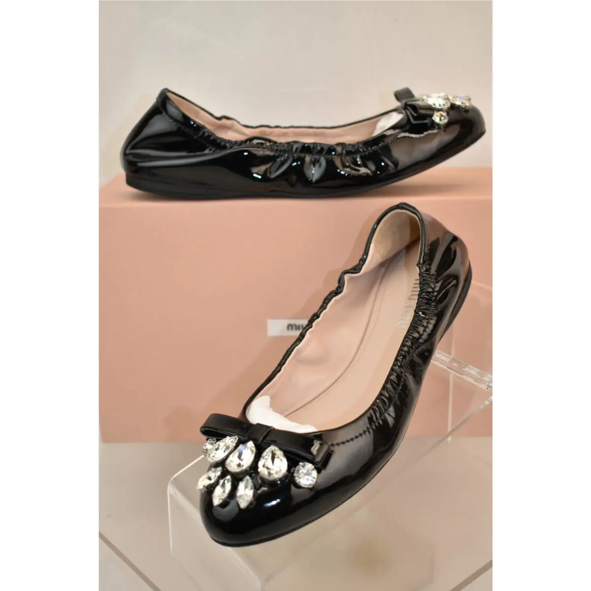 Prada Black Patent Leather Crystals Jeweled Bow Flats 36.5