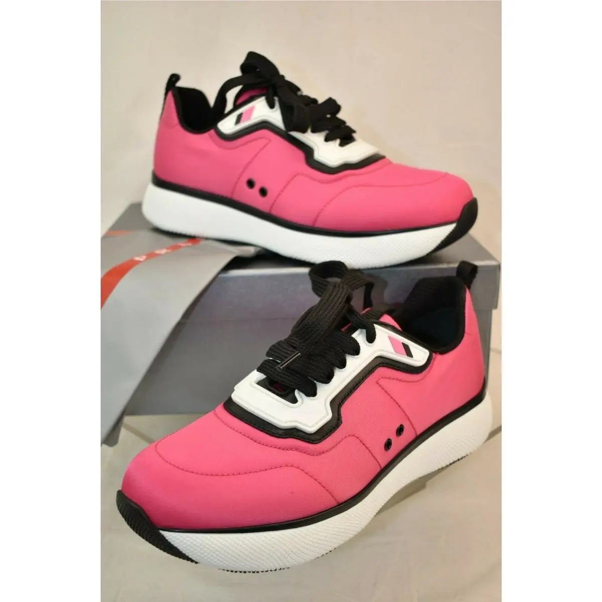 Prada 3E6321 Pink Nylon Lace UP Logo Low Top Platform Sneakers 40