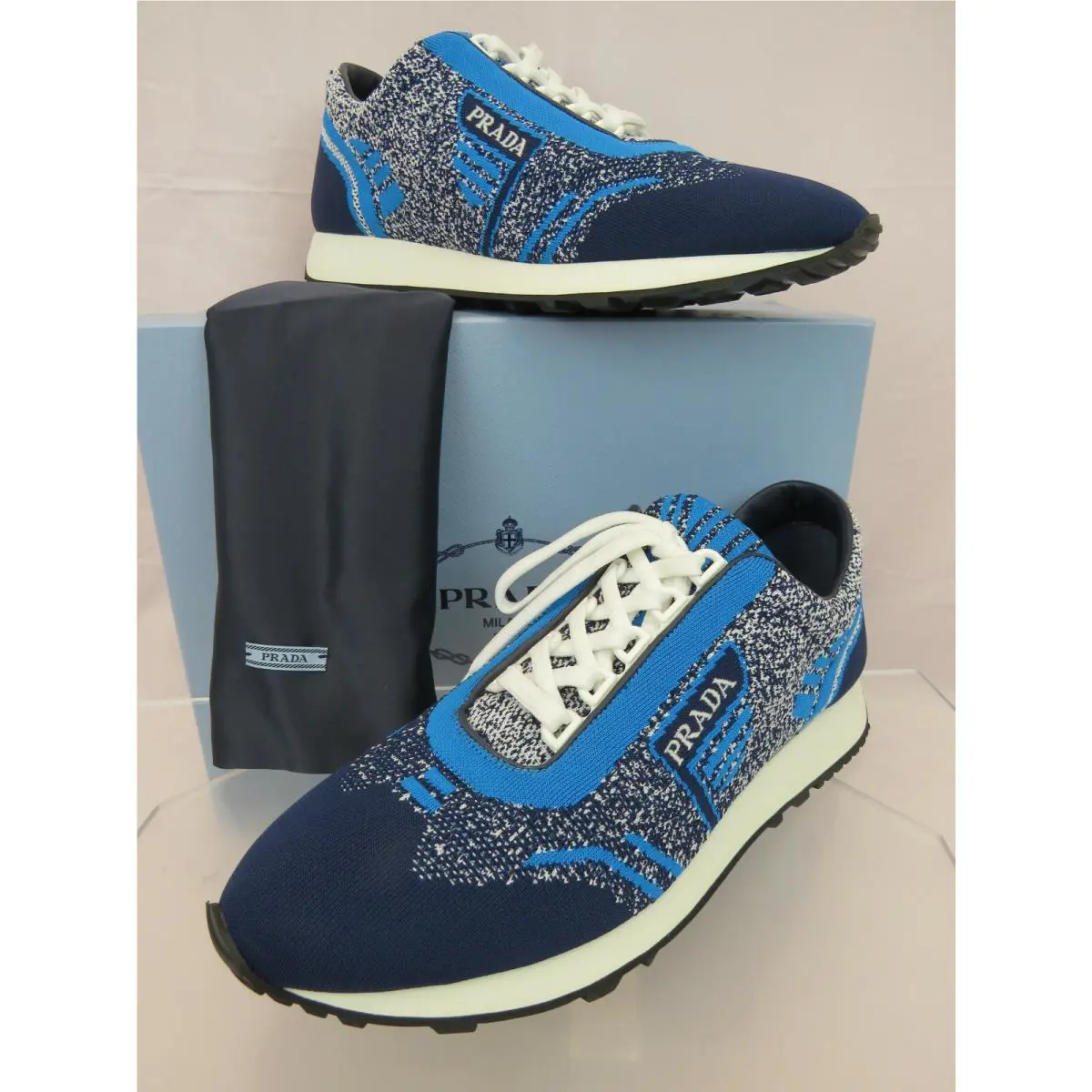 Prada 1E371L Blue Fabric Trainers Knit Logo Lace UP Sneakers 41 Italy