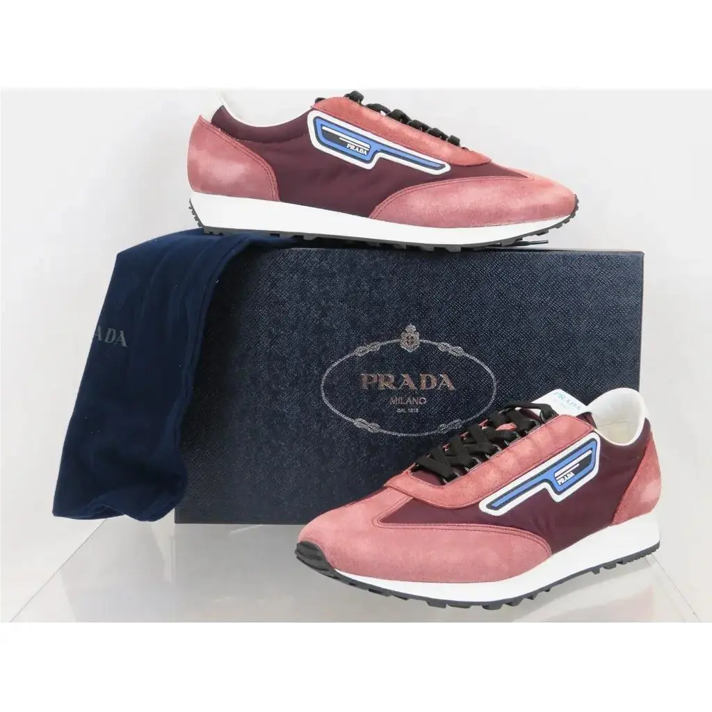 Prada 2EG276 Suede Stripe Burgundy Logo Low Top Sneakers 8.5 Italy