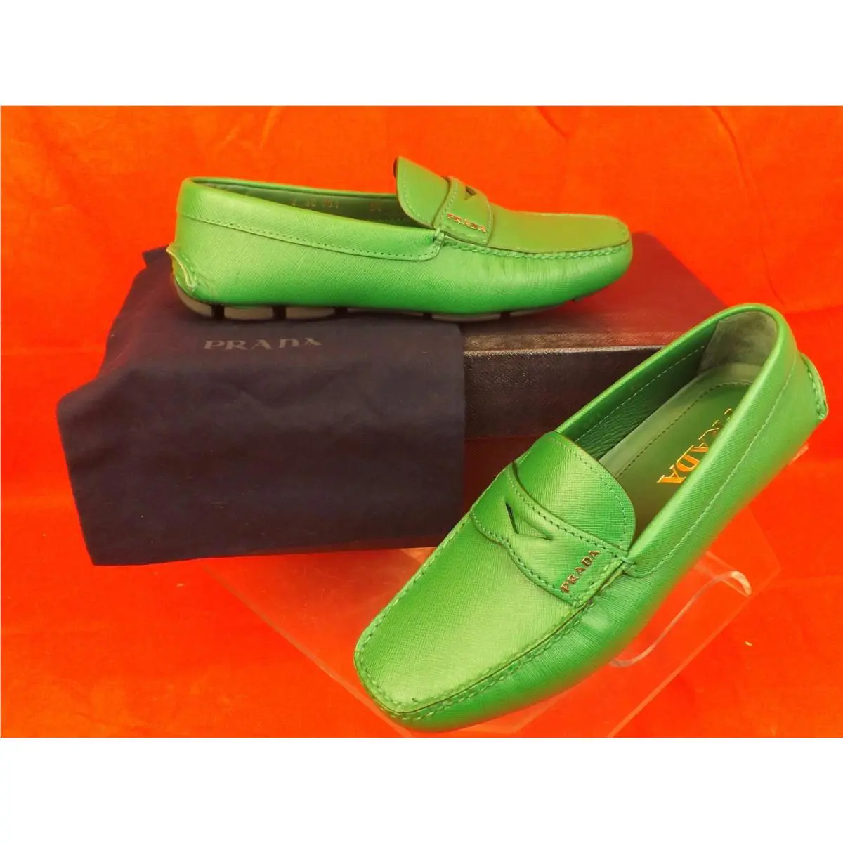 Prada 2DD001 Green Textured Leather Logo Moccasins Driving Loafers 5.5