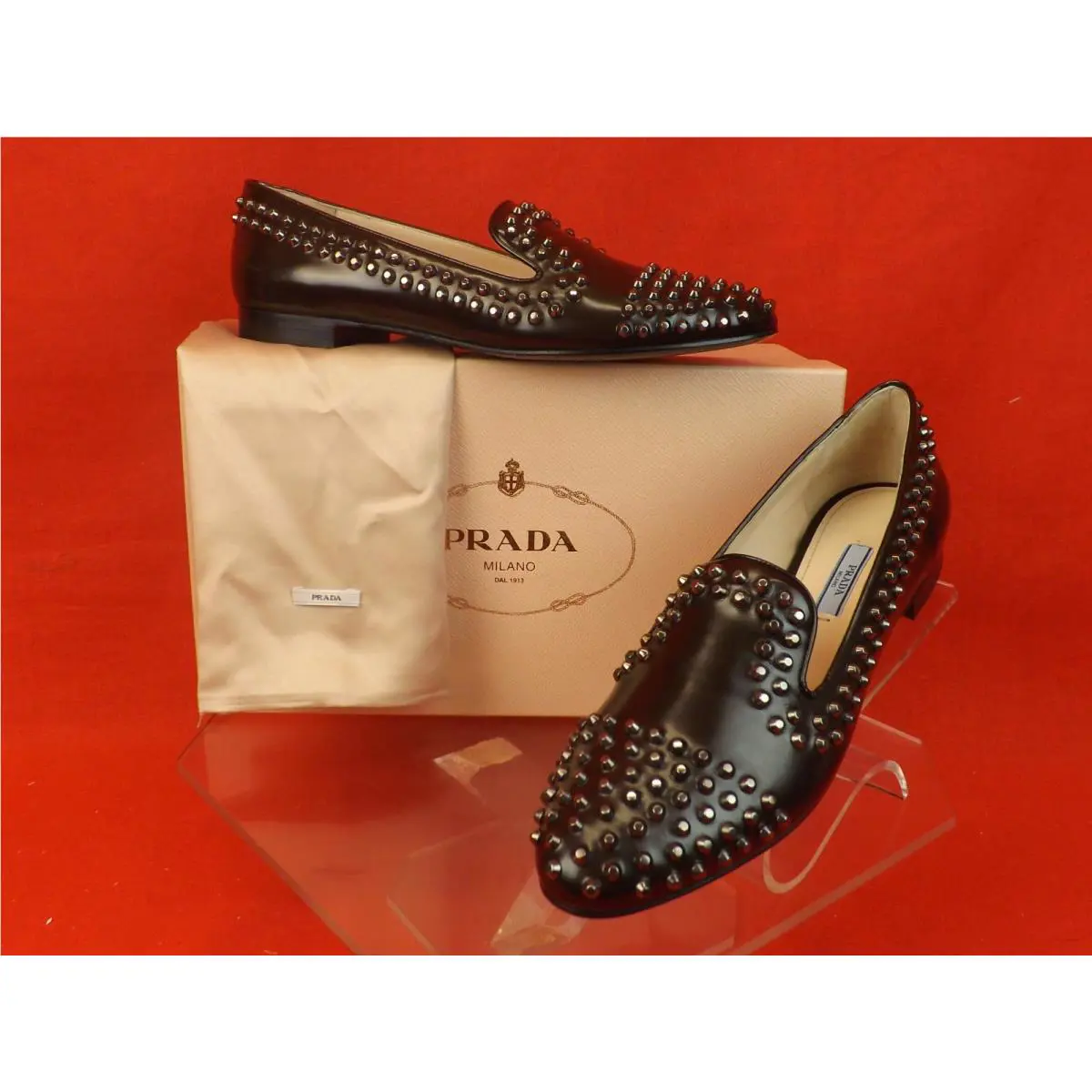 Prada 1S275E Dark Brown Leather Silver Metal Studs Flats Loafers 35.5 Italy