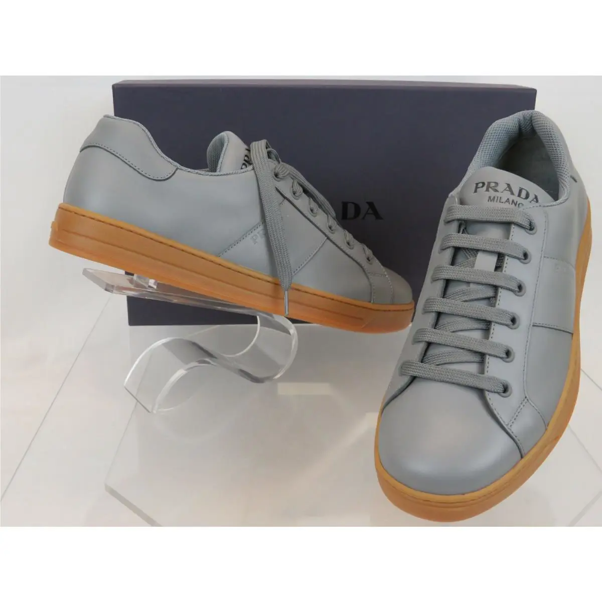Prada 4E3501 Gray Leather Lace UP Logo Low Top Sneakers 7.5 Italy