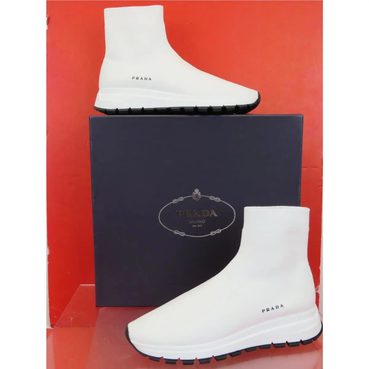 Prada White 1T715L Knitted Sock White Platform Logo Ankle Boots 38
