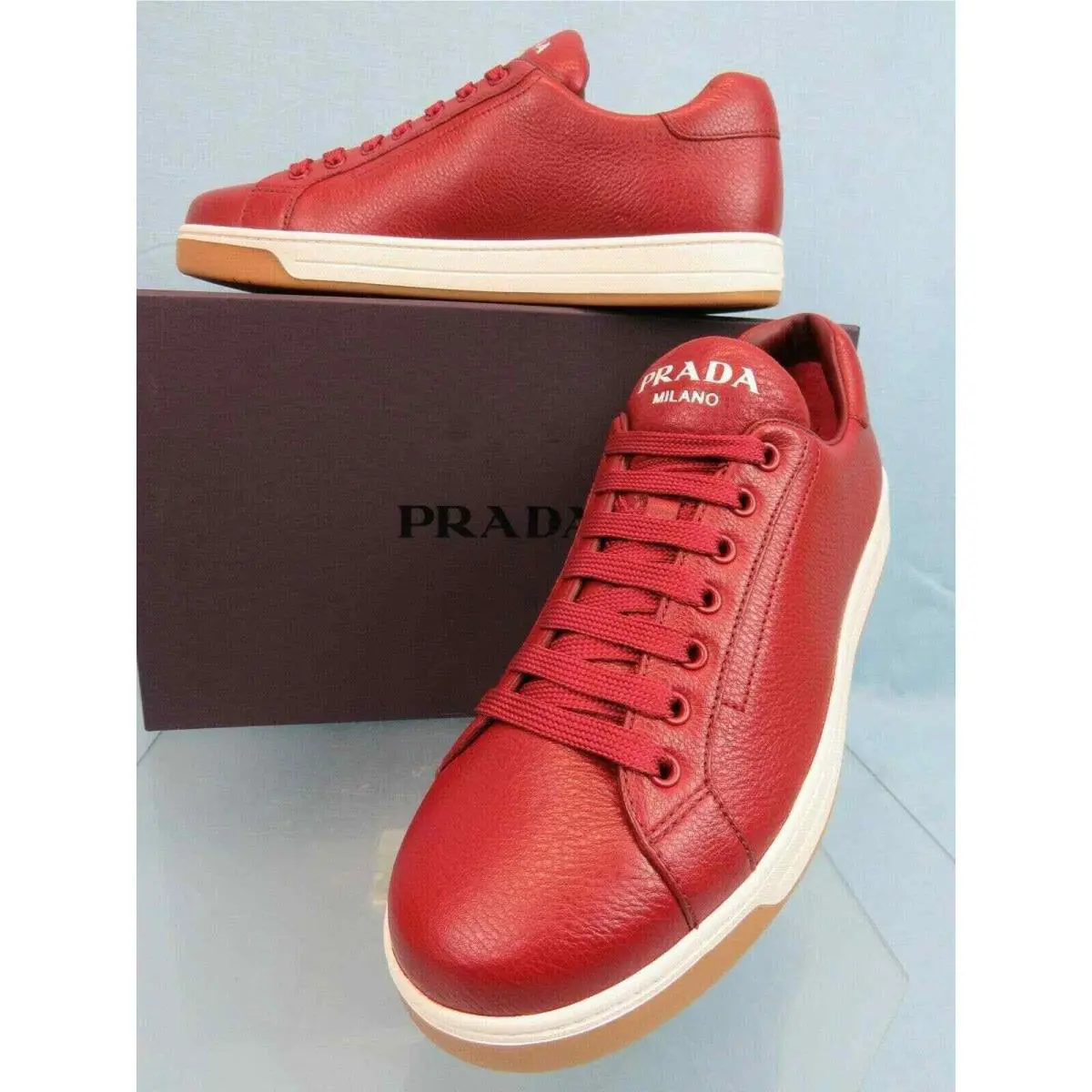 Prada 4E3507 Red Textured Leather Lace UP Logo Low Top Sneakers 7