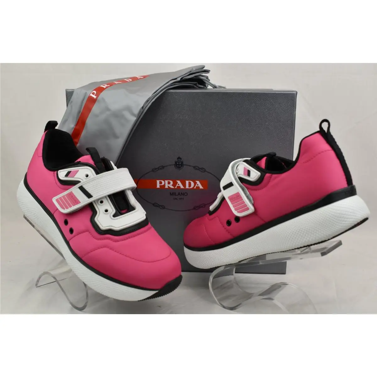 Prada 3E6322 Pink Nylon White Patent Leather Low Top Strap Sneakers 37.5
