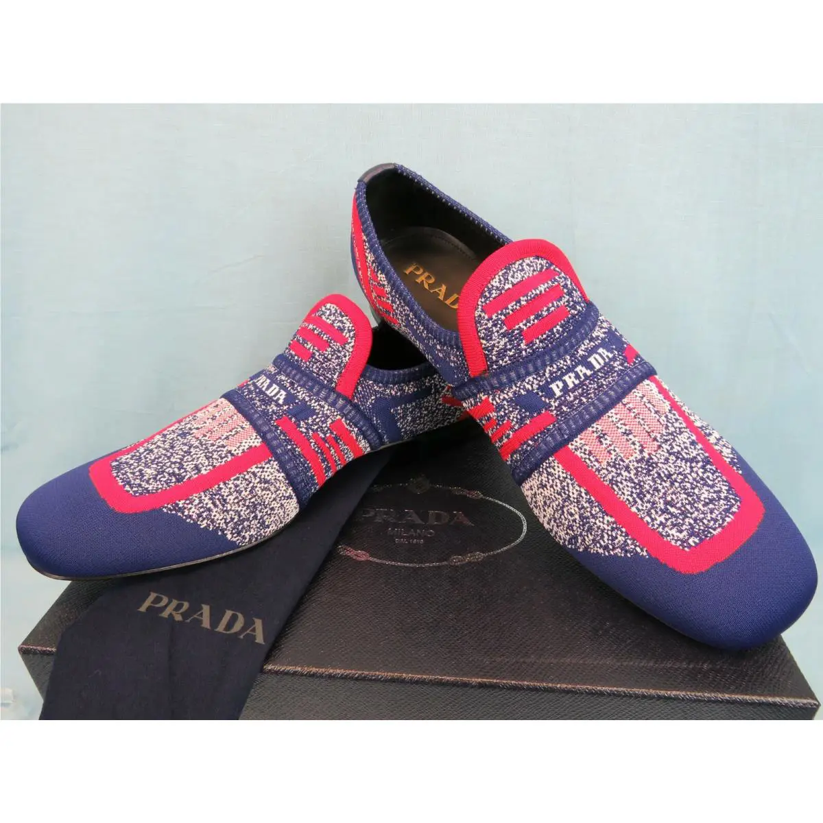 Prada 2DG098 Blue Red Knit Lettering Logo Moccasin Loafers 7.5 US 8.5 Italy