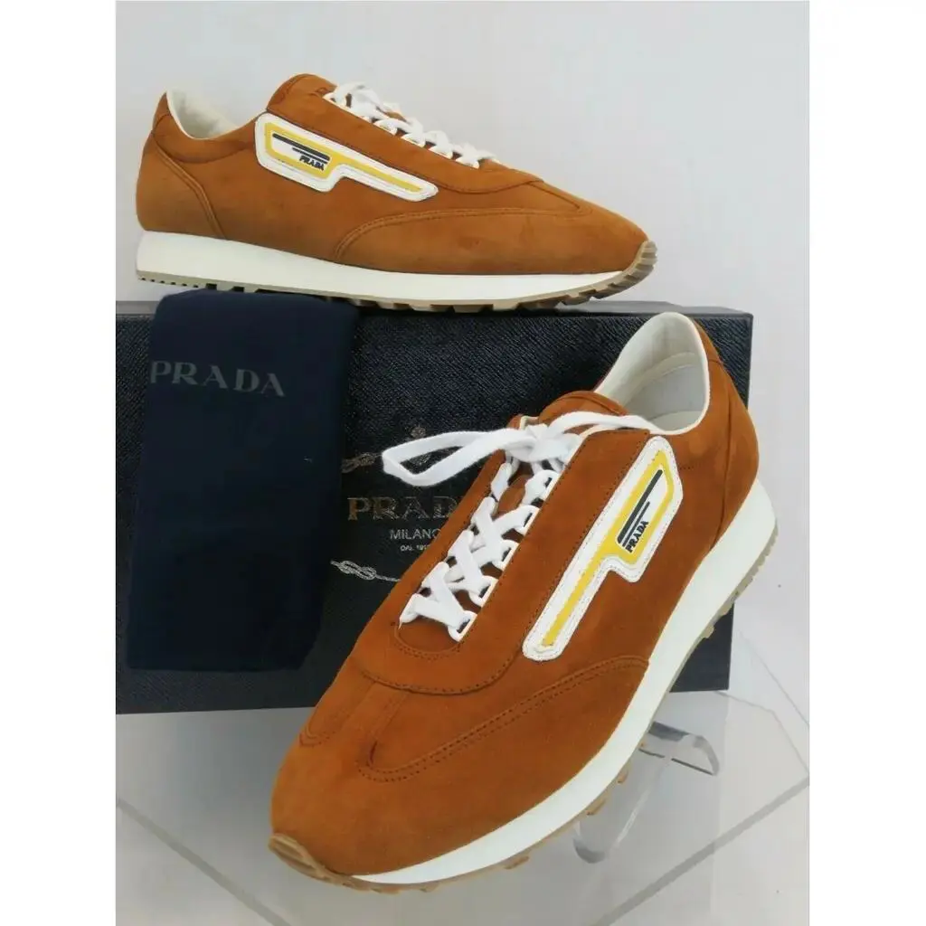 Prada 2EG286 Brown Suede Stripe Logo Low Top Lace UP Sneakers 8 Italy