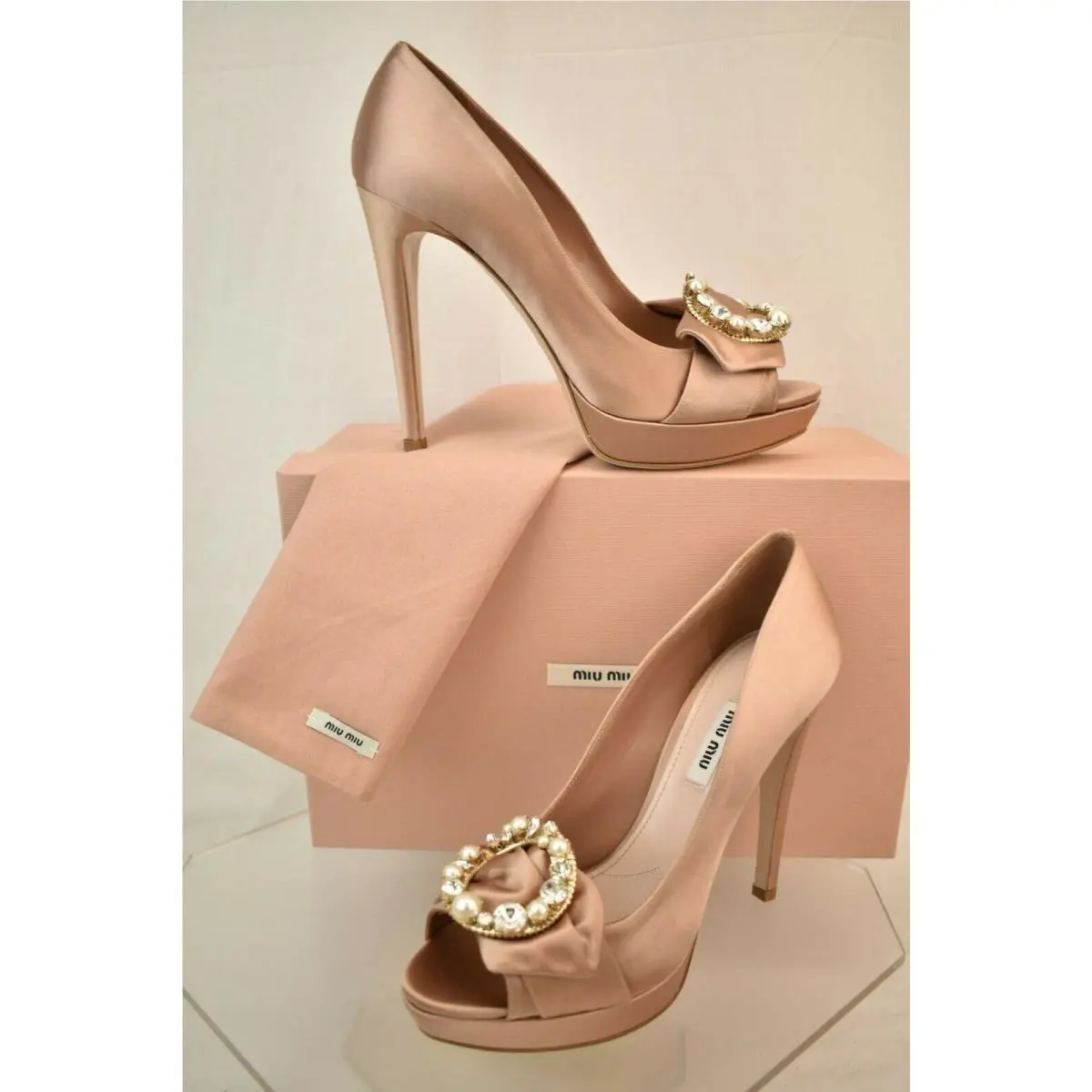 Prada Satin Crystals Pearl Jeweled Buckle Platform Dress Pumps 40