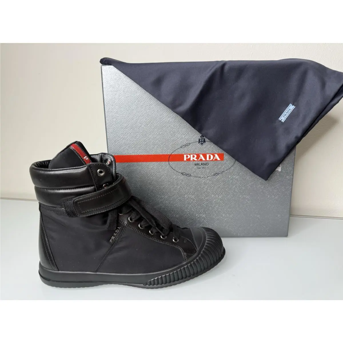 Prada Sport Black Nylon Leather High Tops Botties Shoes Sz 39.5 EU