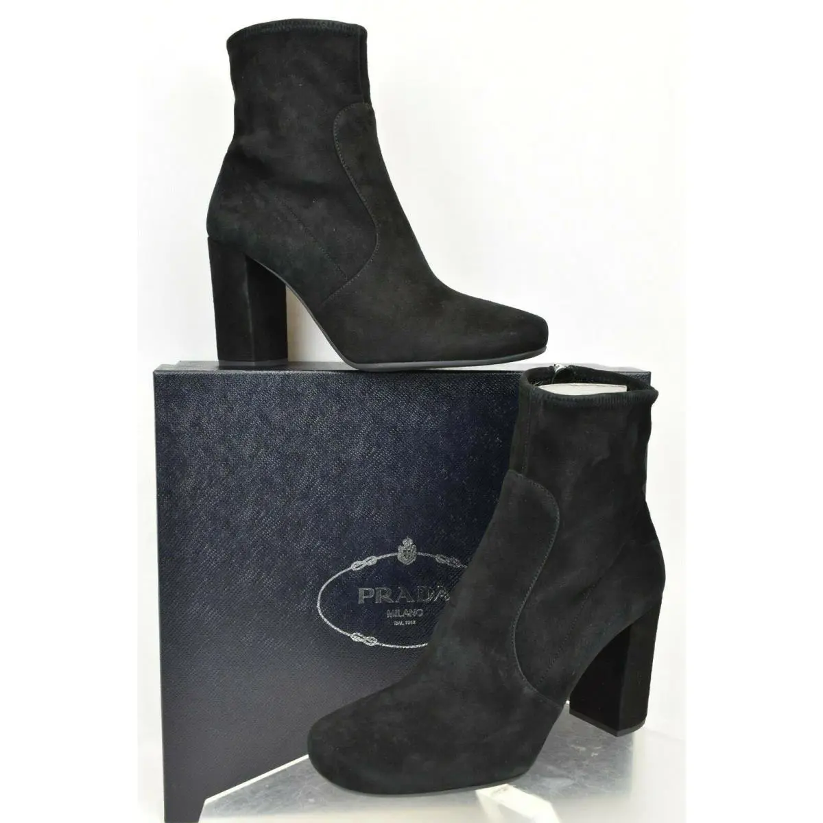Prada 1T193F Black Suede Short Ankle Zipper Classic Pumps Boots 40 Ital