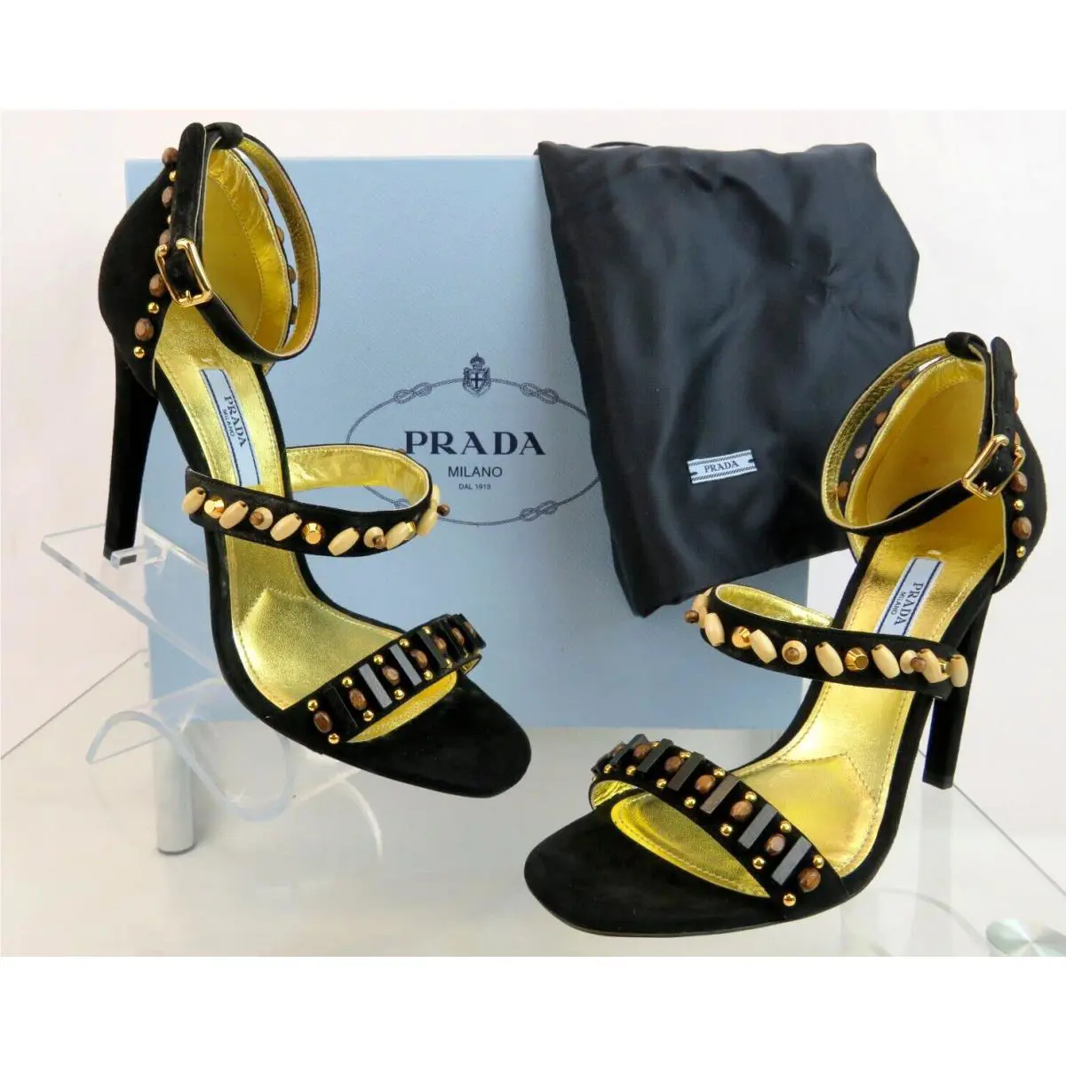 Prada 1X667F Black Suede Ankle Wrap Strap Beaded Studded Sandals Pumps 39