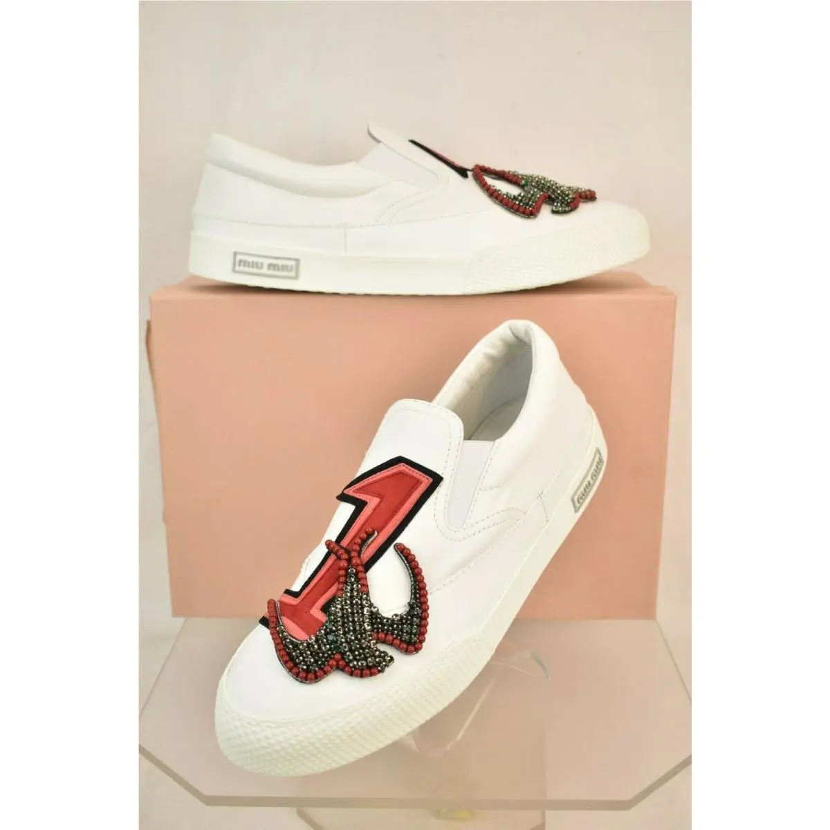 Prada White Leather Embellished Patch Logo Sneakers 34.5 Italy