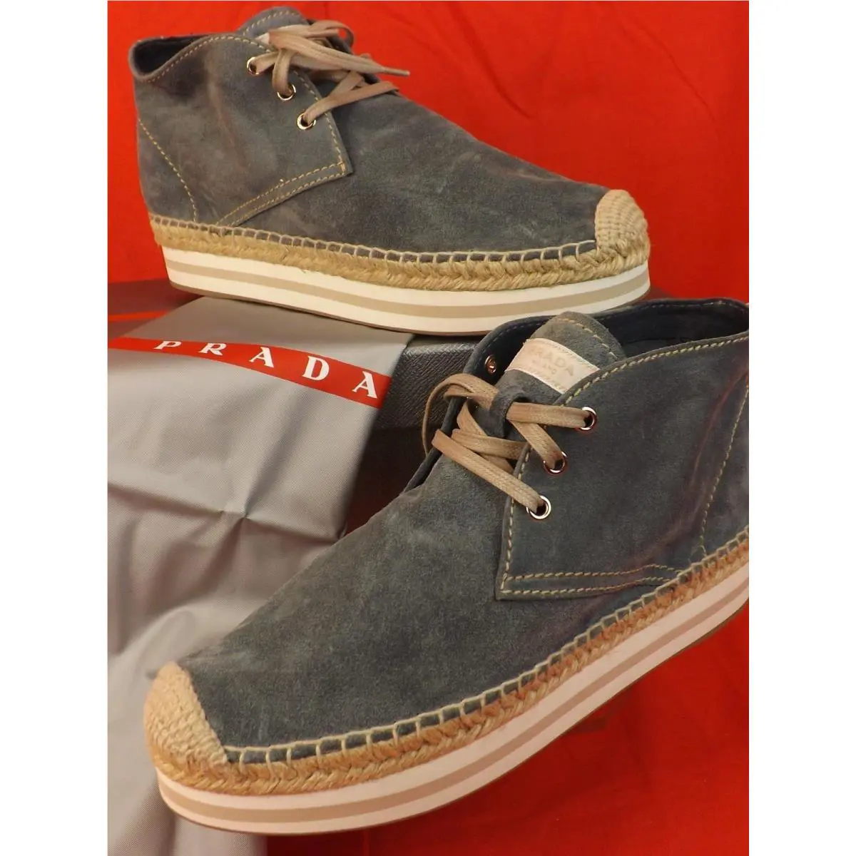 Prada Blue Suede Lace UP Logo Espadrilles Chukka Boots 39 8.5 525