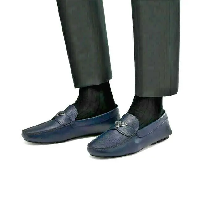 Mocassini Prada Mens Shoes Blue Saffiano Cuir Leather Driver Loafers
