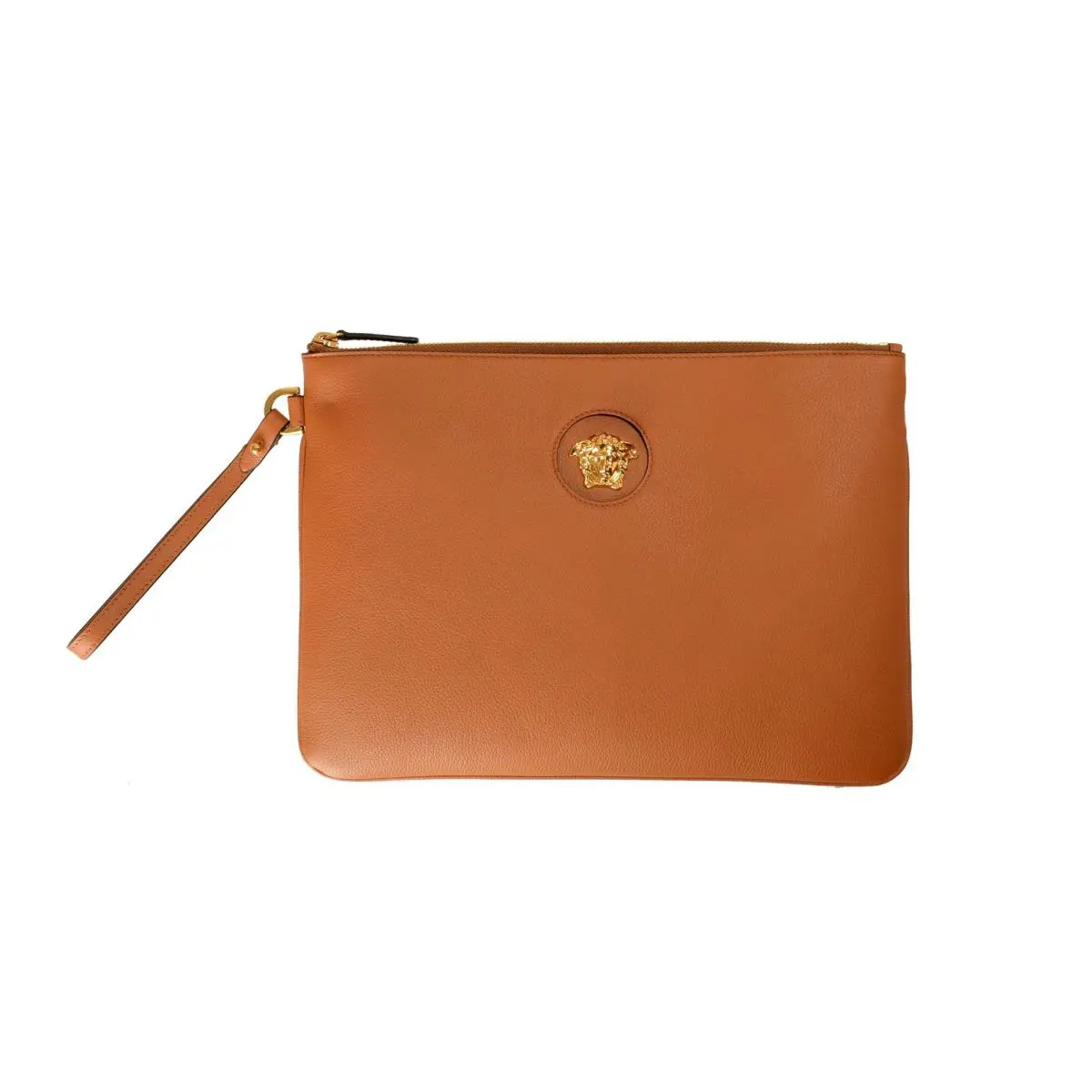 Versace Brown Gold Medusa Grainy Leather Wristlet Handbag Clutch Bag