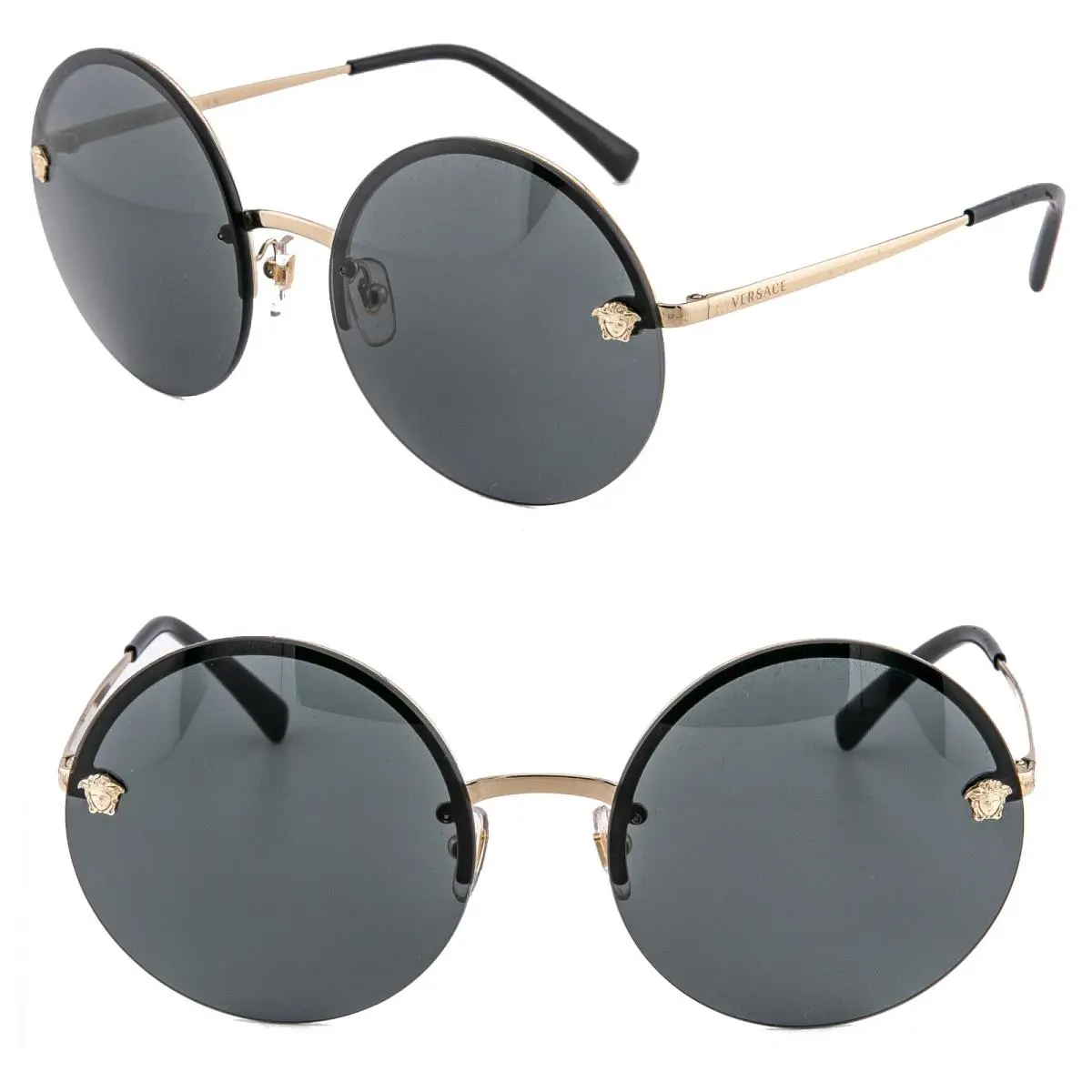 Versace VE2176 Glam Stud Medusa Head Stud 2176 Black Gold Round Sunglasses