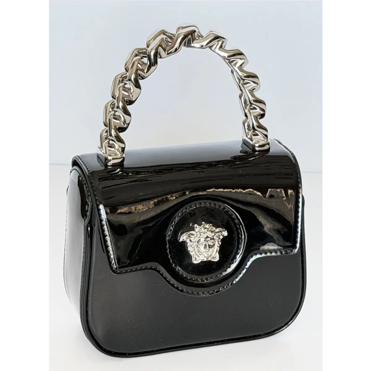 Versace Silver Medusa Black Leather Mini Top Handle Bag 1023434 IT