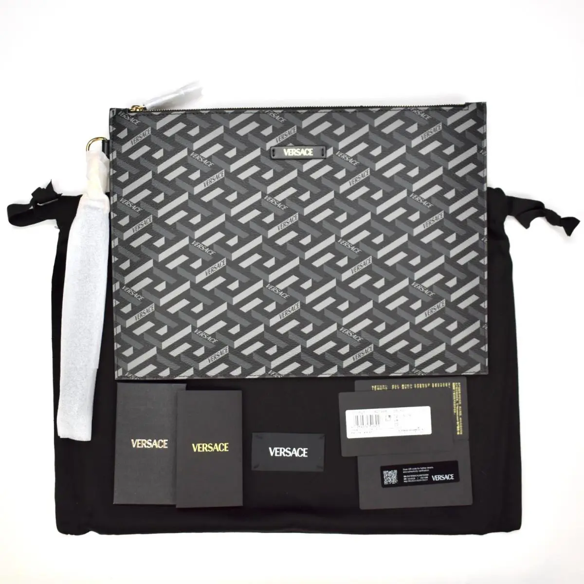Versace Large Greca Monogram Logo Zip Pouch Wristlet Clutch
