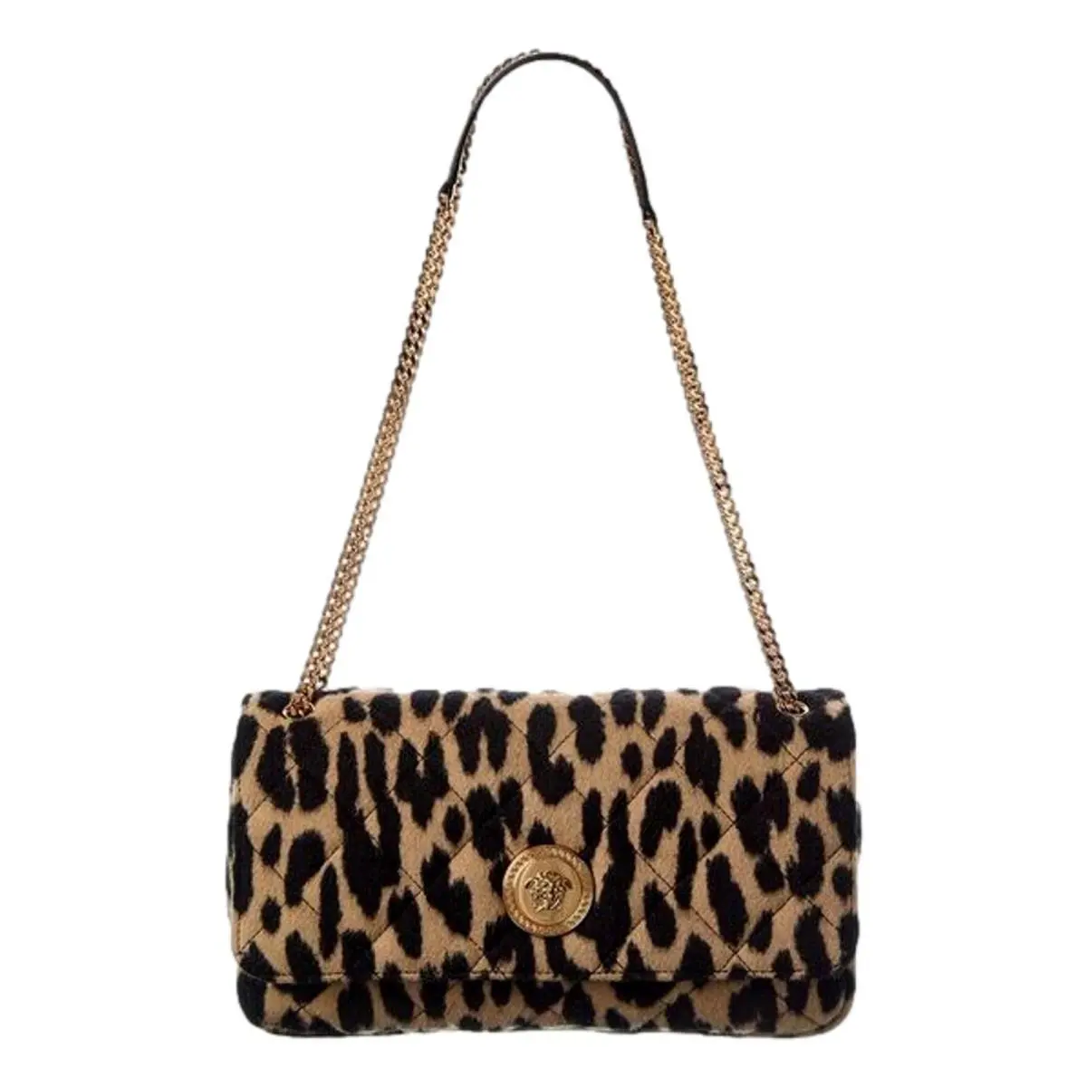 Versace Leopard Wool Flap Shoulder Bag Gold Medallion Cha