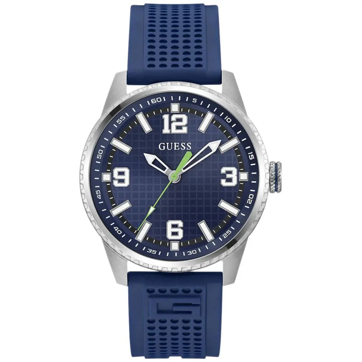Guess Men`s Watch Varsity G Quartz Steel Case Blue Dial Silicone Strap GW0890G1