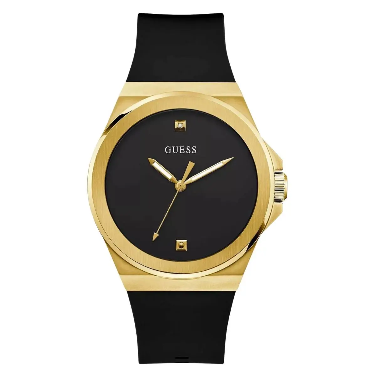 Guess Men`s Watch Quartz Yellow Gold Case Black Silicone Rubber Strap GW0790G1