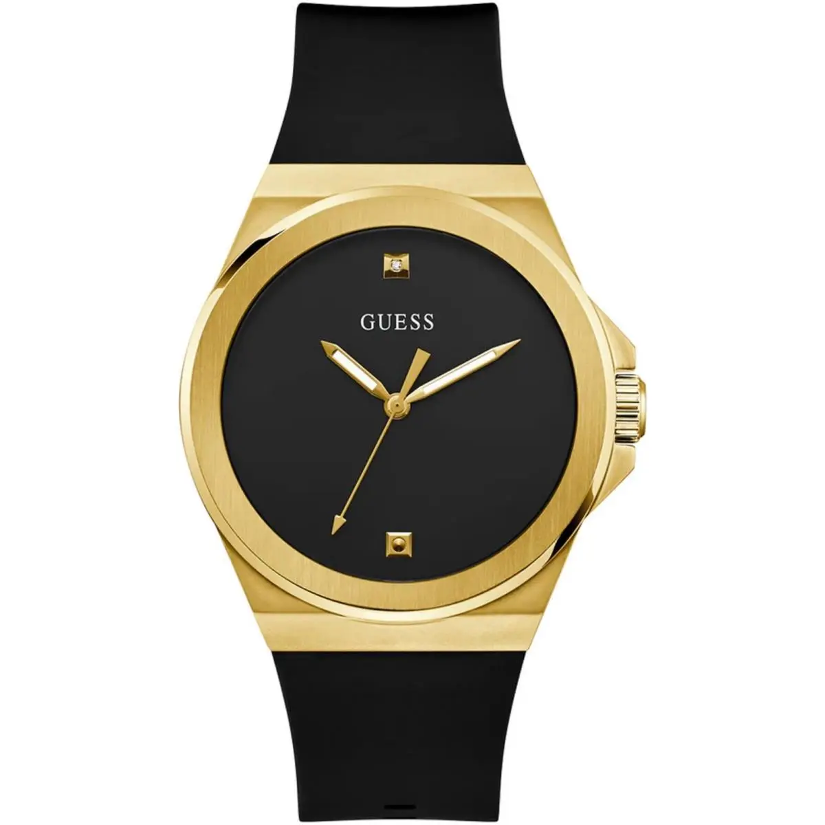 Guess Men`s Watch Quartz Yellow Gold Case Black Silicone Rubber Strap GW0790G1
