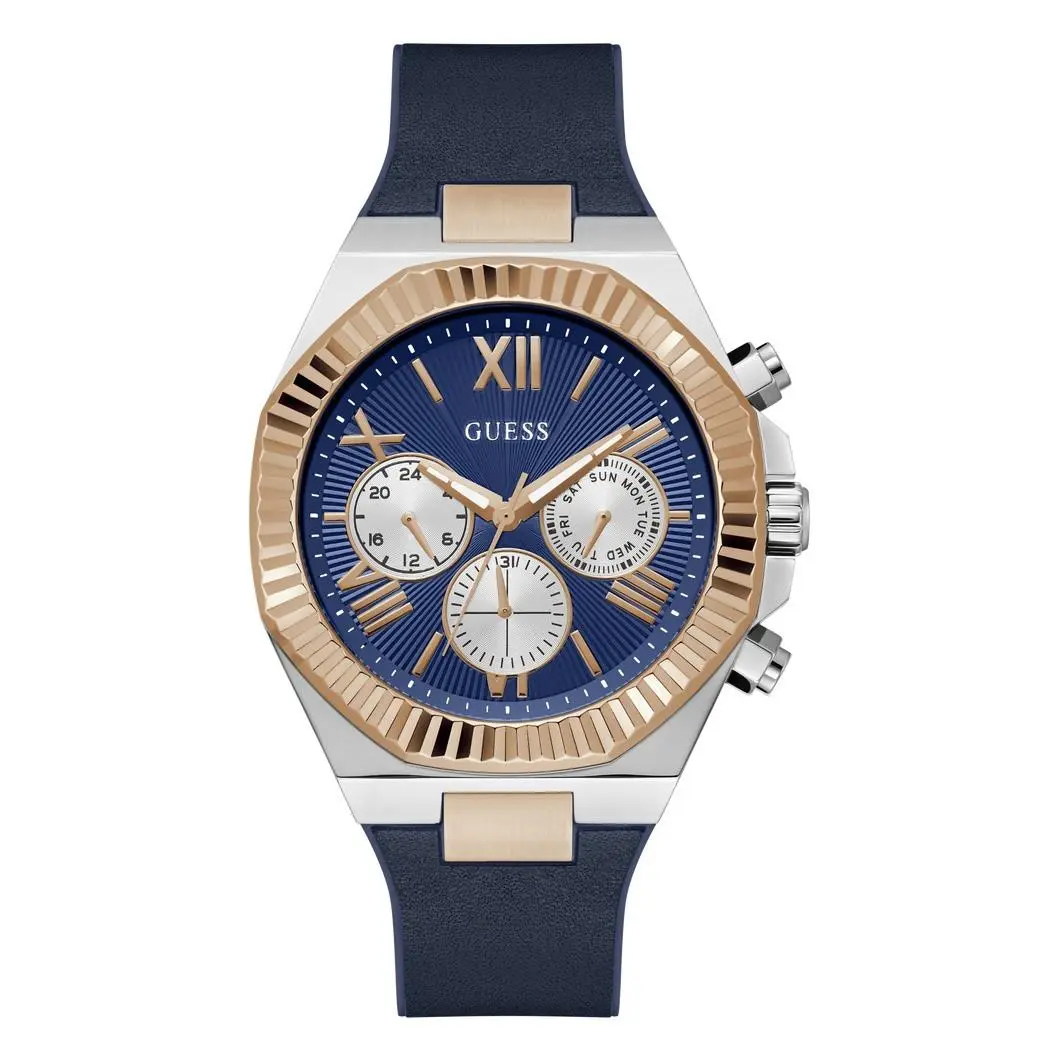 Guess Men`s Watch Equity Chrono Blue Dial Leather and Silicone Strap GW0791G2