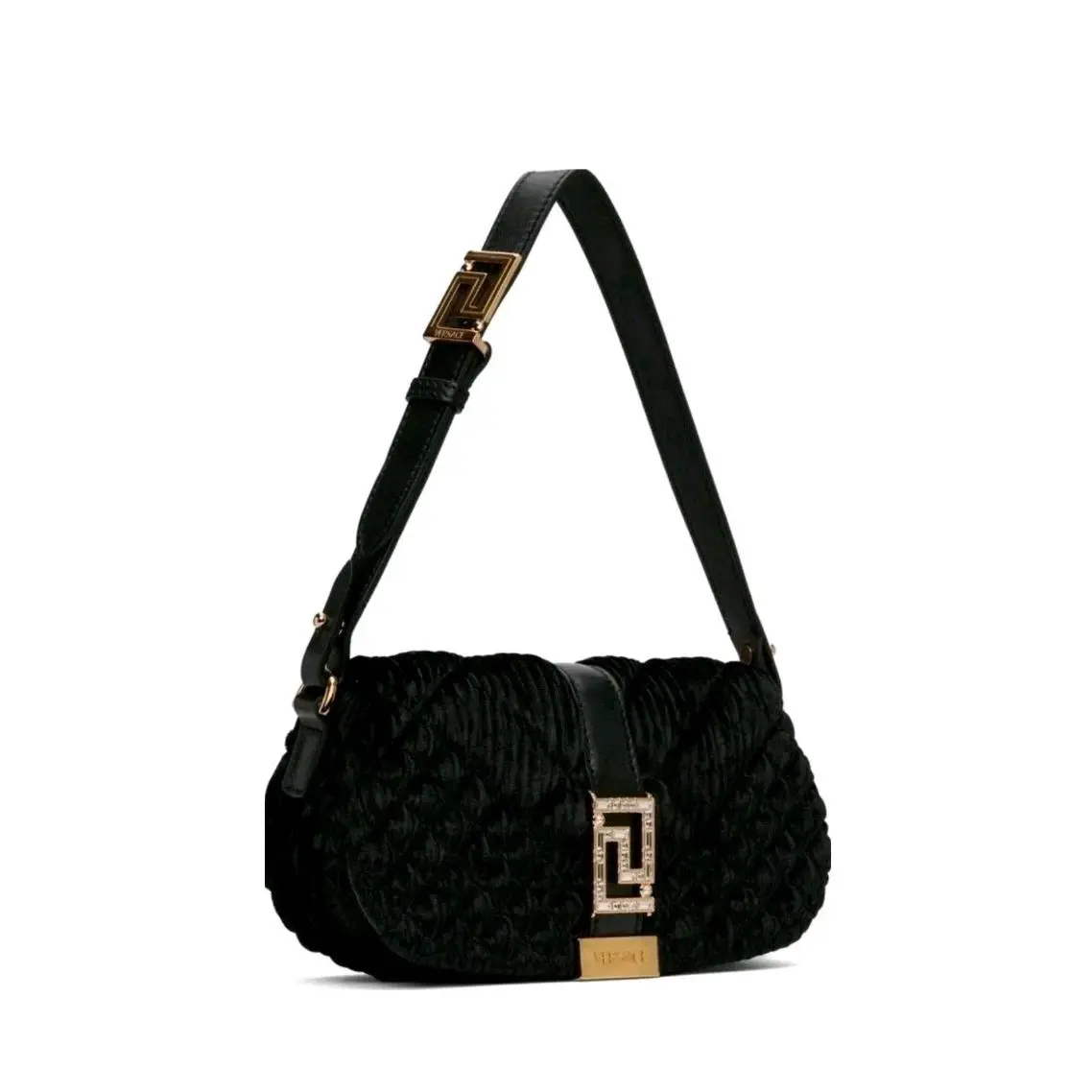 Versace Greca Goddess Bag Black Gold Quilted Velvet Shoulder Evening