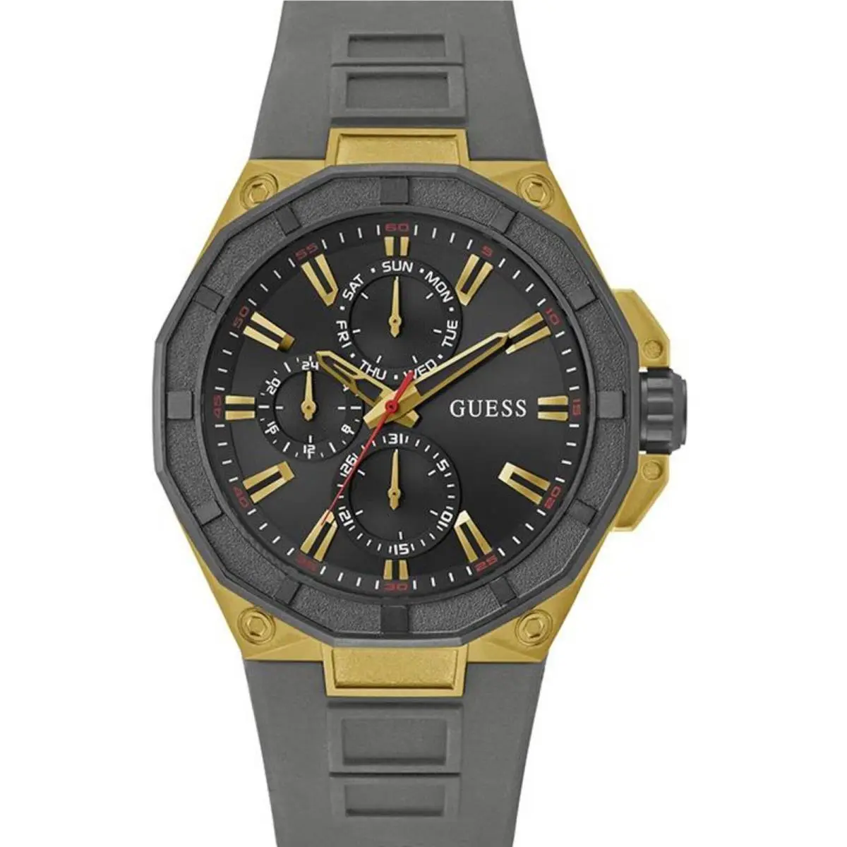 Guess Men`s Watch R2 Quartz Chronograph Black Dial Grey Silicone Strap GW0803G1