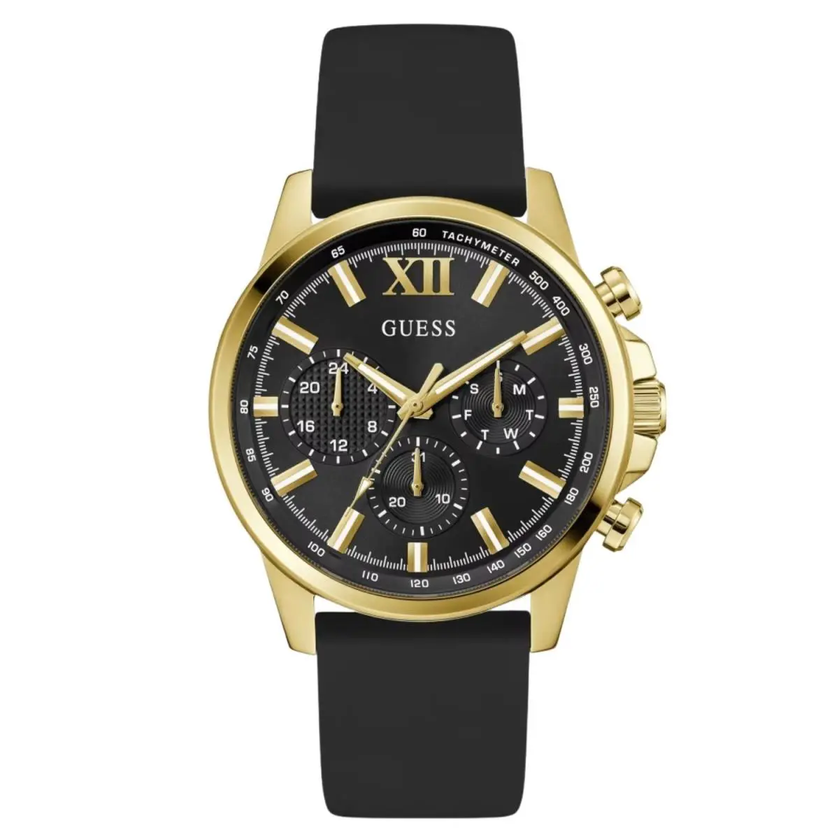 Guess Men`s Watch Walker Yellow Gold Case Black Dial Silicone Strap GW0913G2
